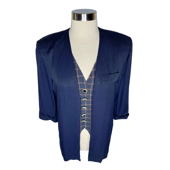 Vintage 90’s Petite Perceptions Combination Navy Blazer/Plaid Vest - Size 6 - Picture 3 of 6